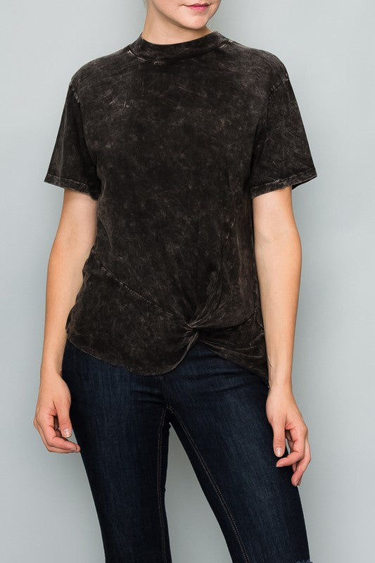 Black, mineral washed, t-shirt with faux side knot